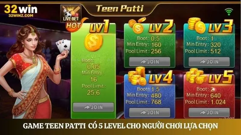 Tùy chọn 5 level chơi game Teen Patti 